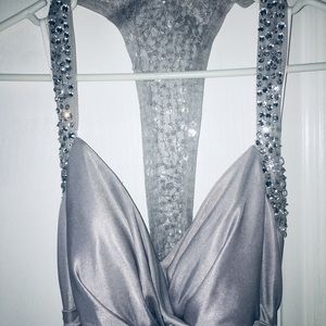 Silver evening dress with crystal embellishment 1